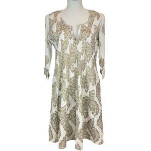 RARE ! Lola Australia A-line‎ Inverted Pleat Patchwork Dress Ivory Gold Pockets